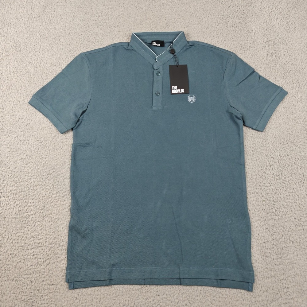 The Kooples Polo Shirt Mens Small Blue Band Collar Cotton Pique Embroidered New